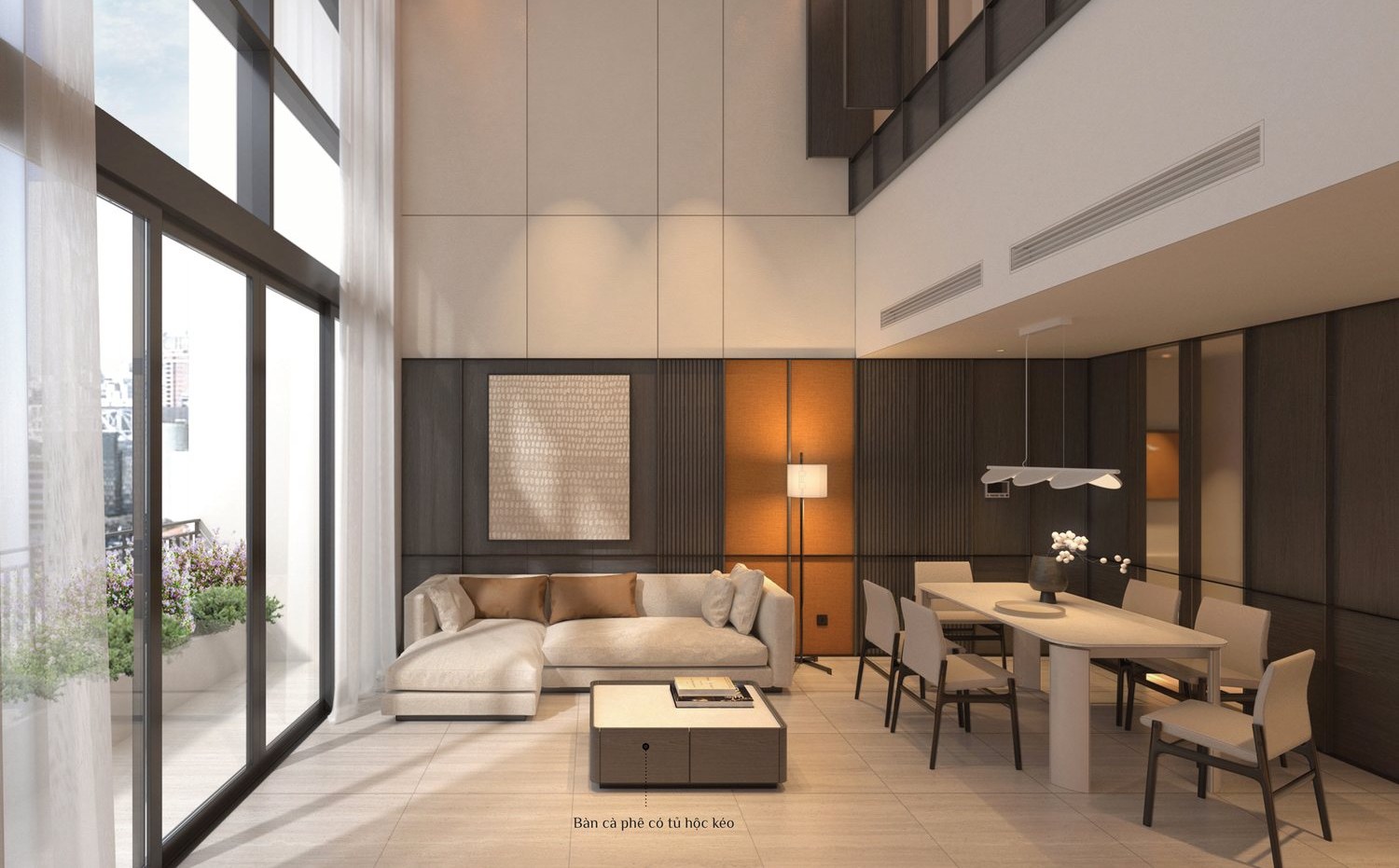 Phối cảnh 3D phòng khách thông tầng — dự án nội thất duplex